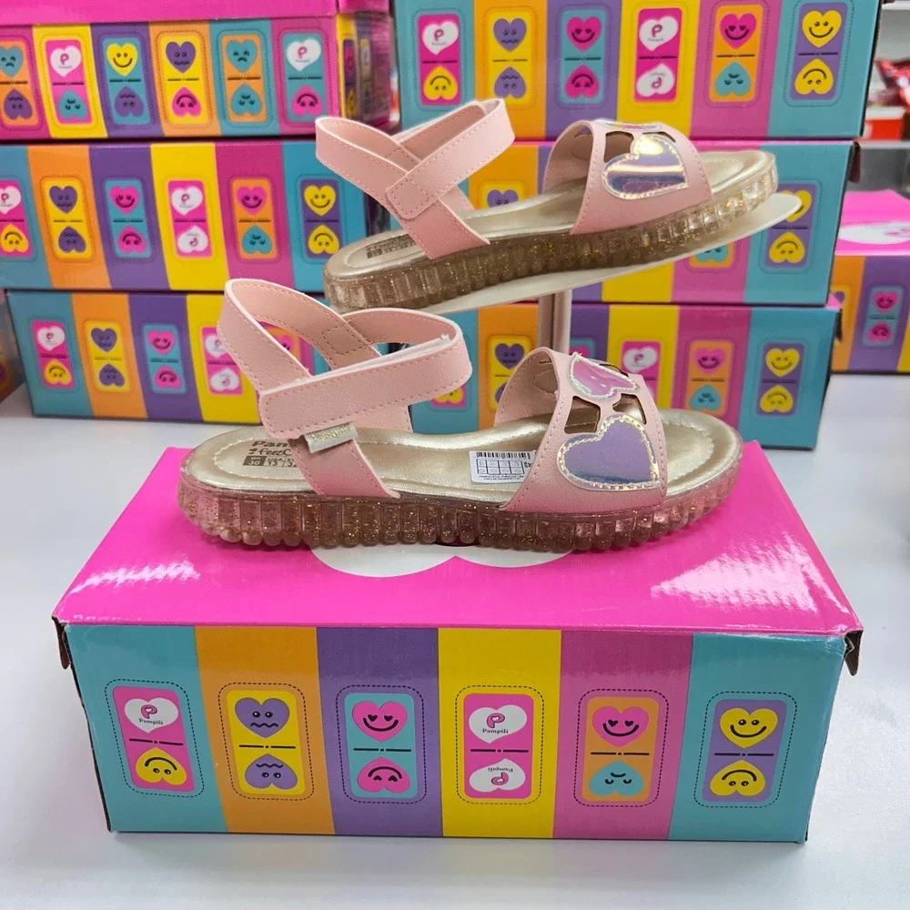 Pampili FeetCare Pink Iridescent Heart Sandals Glitter Sole Kids Size 13 US